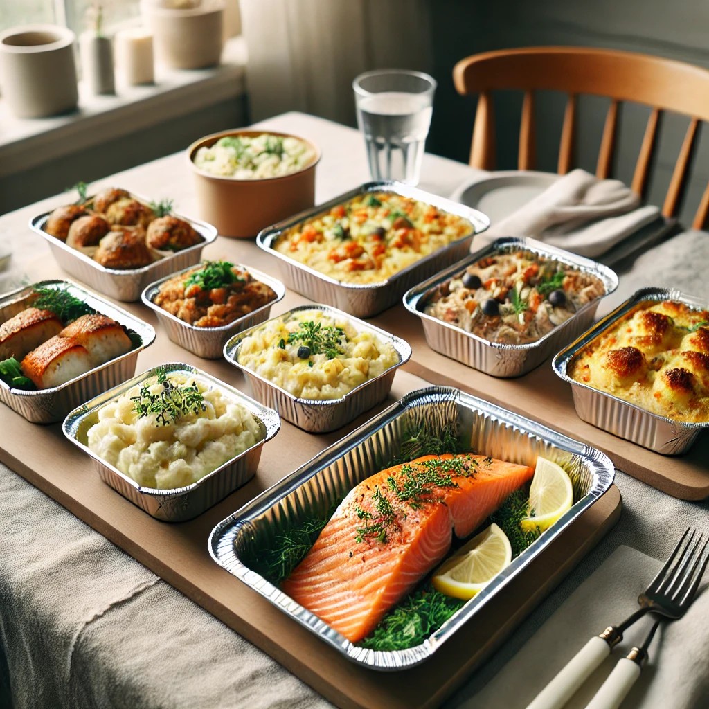 Столовая в скандинавском стиле с контейнерами из алюминиевой фольги, наполненными традиционными норвежскими блюдами. В контейнерах хранятся яркие продукты, например, гриль.